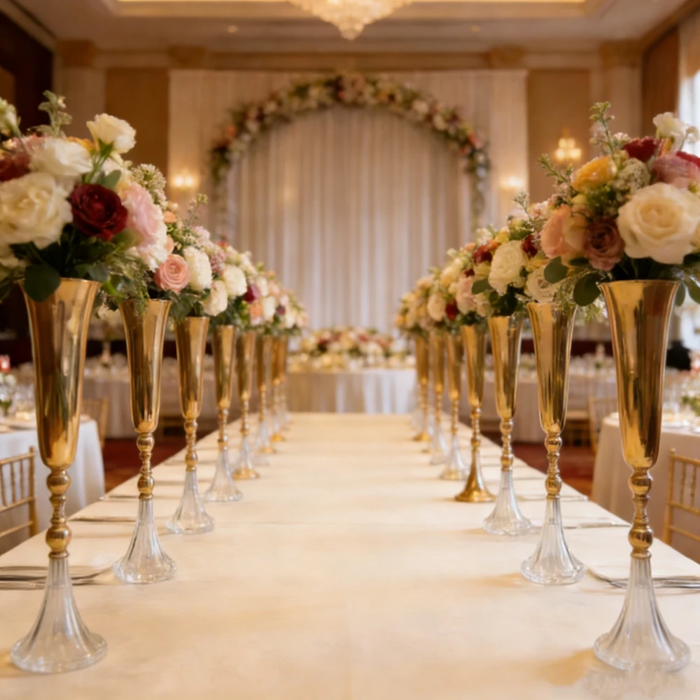 

10pcs )Tall 60cm/70cm/80cm/100cm) Wedding Supplies Gold Metal Crystal Flower Stand Wedding Table Decor Centerpiece vases