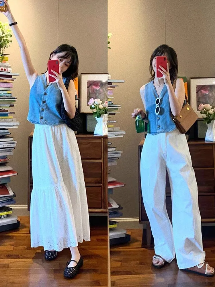 

Корейский Sle Faionable ort Svel V-Ne Джинсовый жилет Женская летняя модная верхняя одежда Layering Jaet (3)