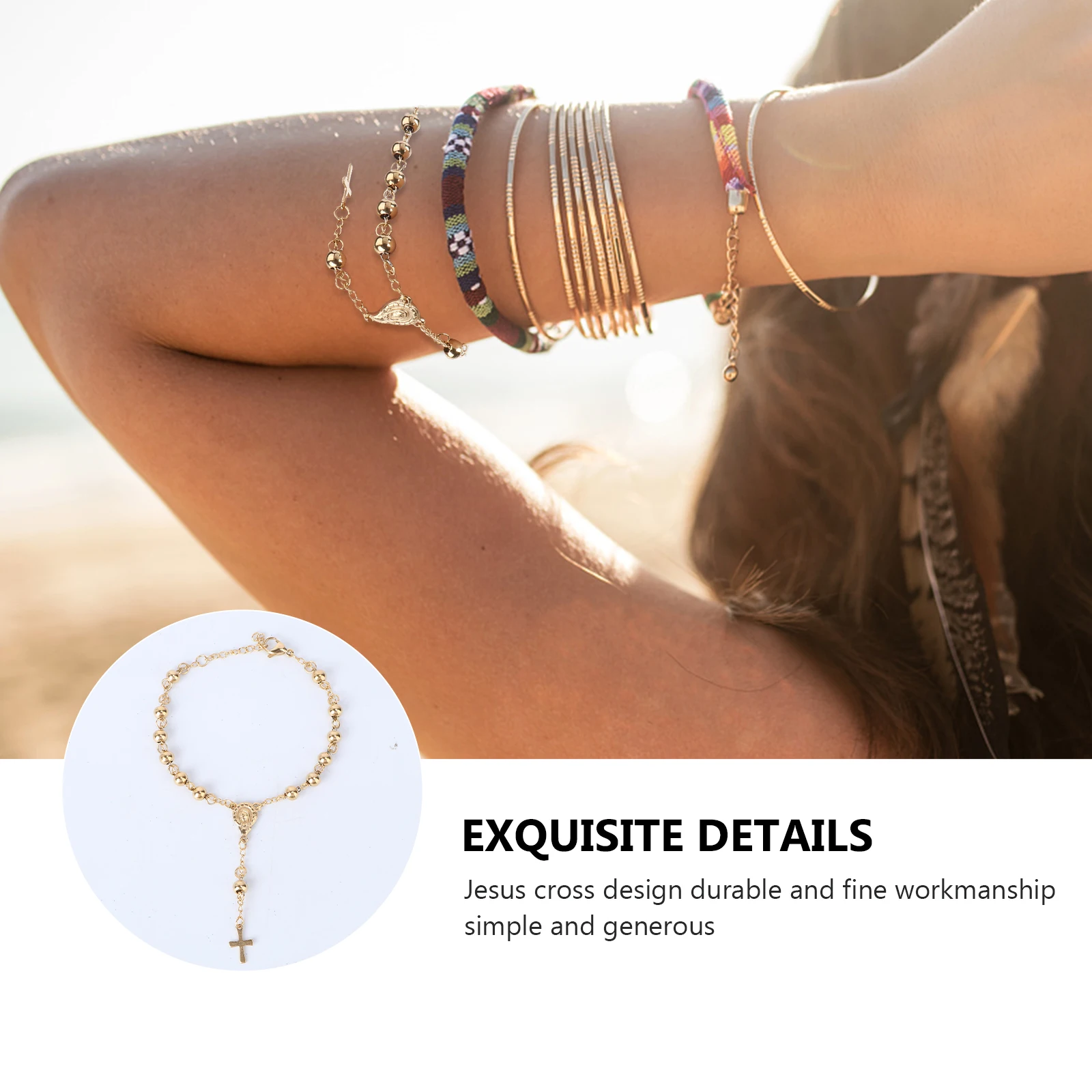 

Adjustable Rosary Bracelet Wrist Chain Men Charm Cross Jewelry Punk Retro Style Street Accessories Durable