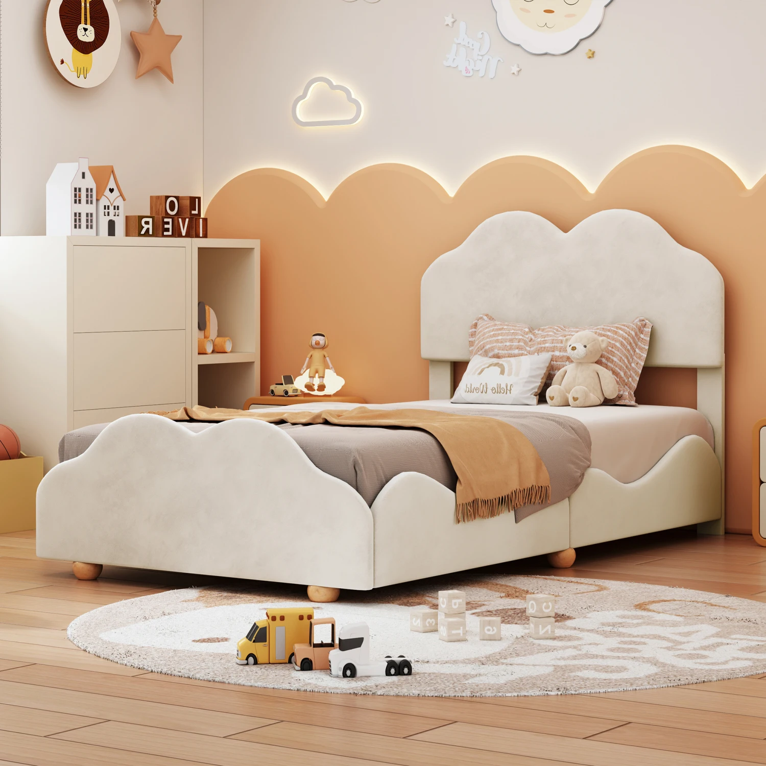 Twin Size Upholstered Platform Bed with Cloud Shaped bed board, Beige