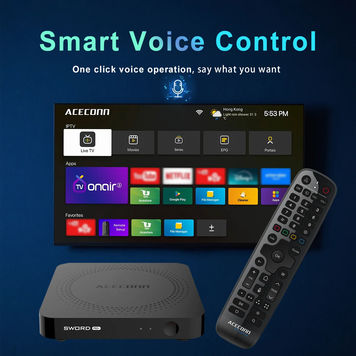ACECONN Sword Pro+ streaming Android iptv boxes 4K TVONAIR3 2GB 16GB Dual WiFi BT Support Voice remote Backlight Find RCU TV Box