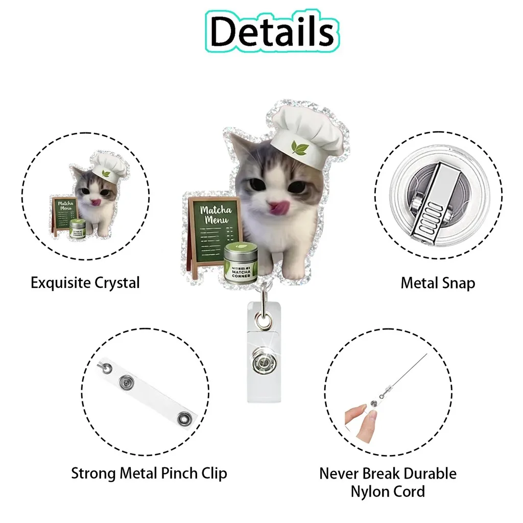 Cute Cat Acrylic Badge Reel Retractable Name Tag Alligator Clip Id Card Holder For Nurse Office Work Doctor Teacher Student