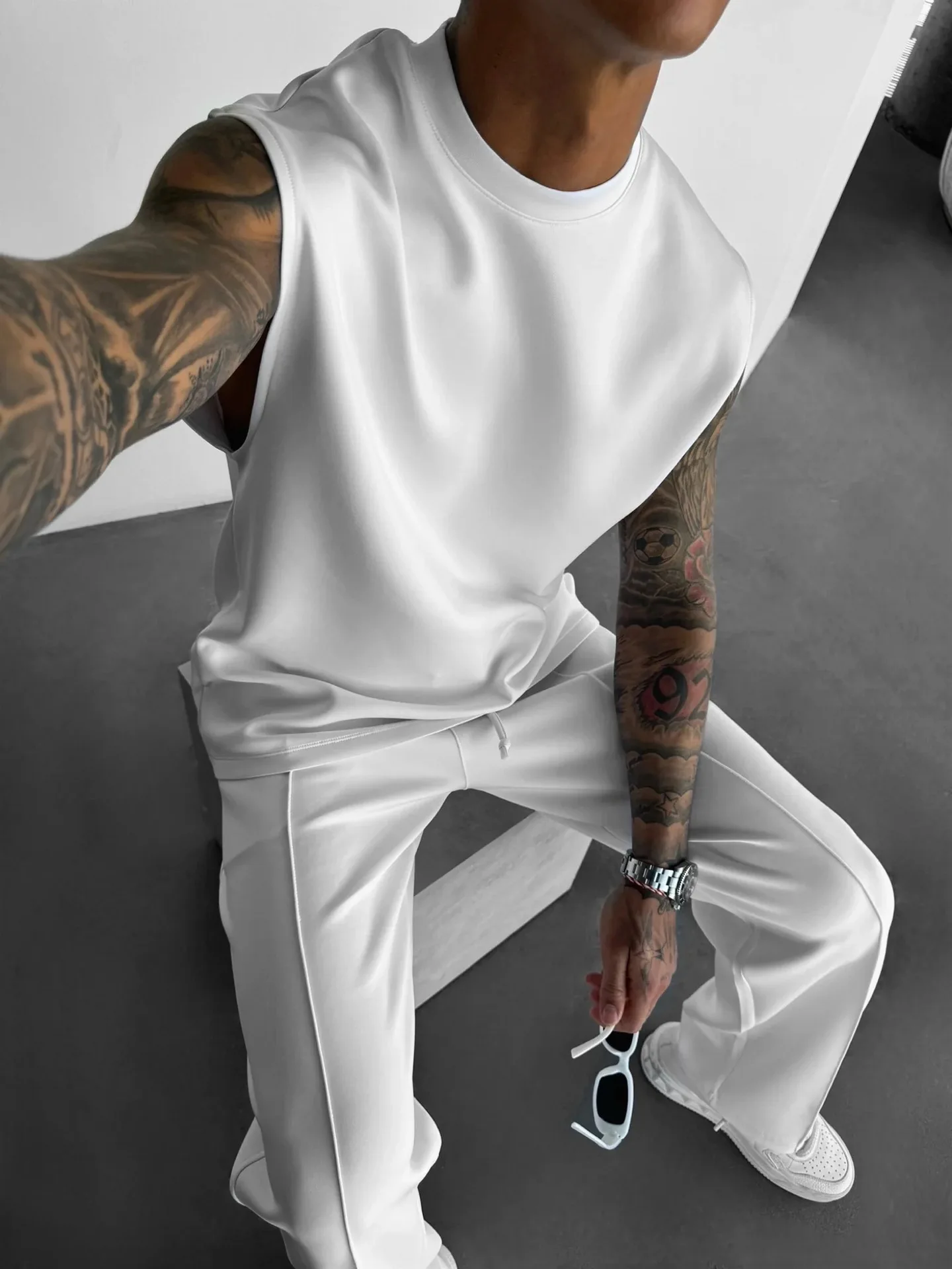 Breathable Sleeveless Summer New Men's Fitness Suit T-shirt Loose Sports Pants European and American Training Suit Two-piece Set