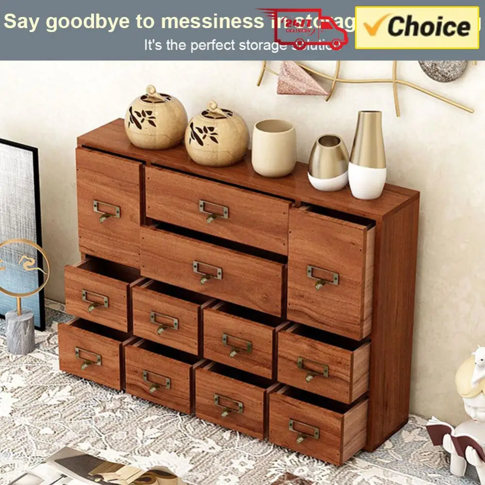 

12 Drawer Wooden Apothecary Cabinet with Label Slot & Metal Handle Small Stationery Storage Rack Library Card Catalog Organize
