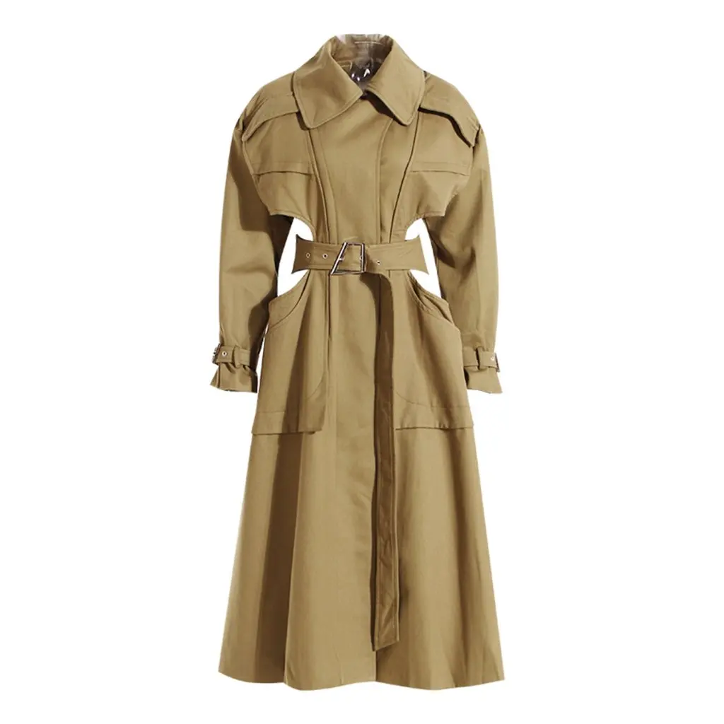 

Women's Long Trench Coat European American High-Grade Spring Autumn Niche Design Deconstructing Hollow-Out Long Sleeve Lace-Up