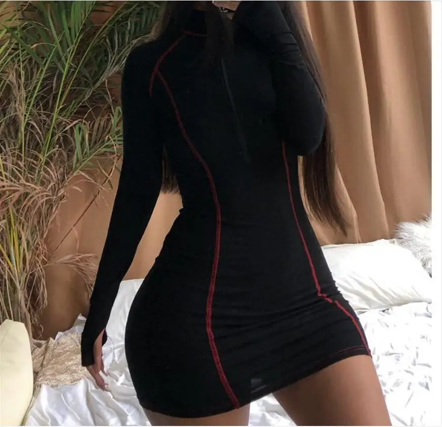 Summer 2020 Street Sle Zipper Long Sve Tight Fit Stand Collar Women's Dr High Waist A-Line Silhouette Faionable New...