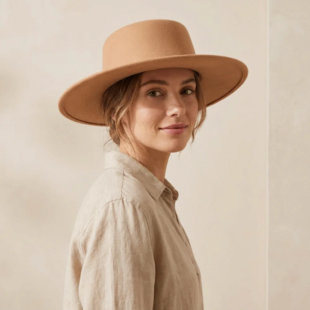 Solid Color Hepburn Style Bucket Hat British Style Flat Top Wide Brim Felt Hat Photography Decoration Fedora Hat Women Jazz Hat