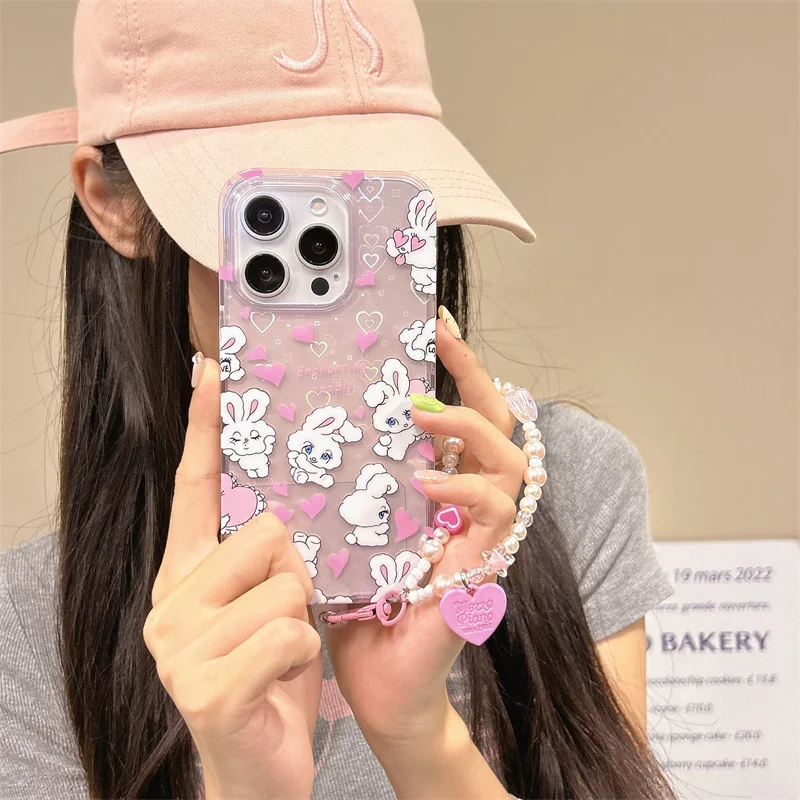 

Kawaii Cartoons Love Rabbit Phone Case For iPhone 15 Pro 14 13 16Pro Max 16 pro Cover With Cute Chain Shockproof Cases for 16 15