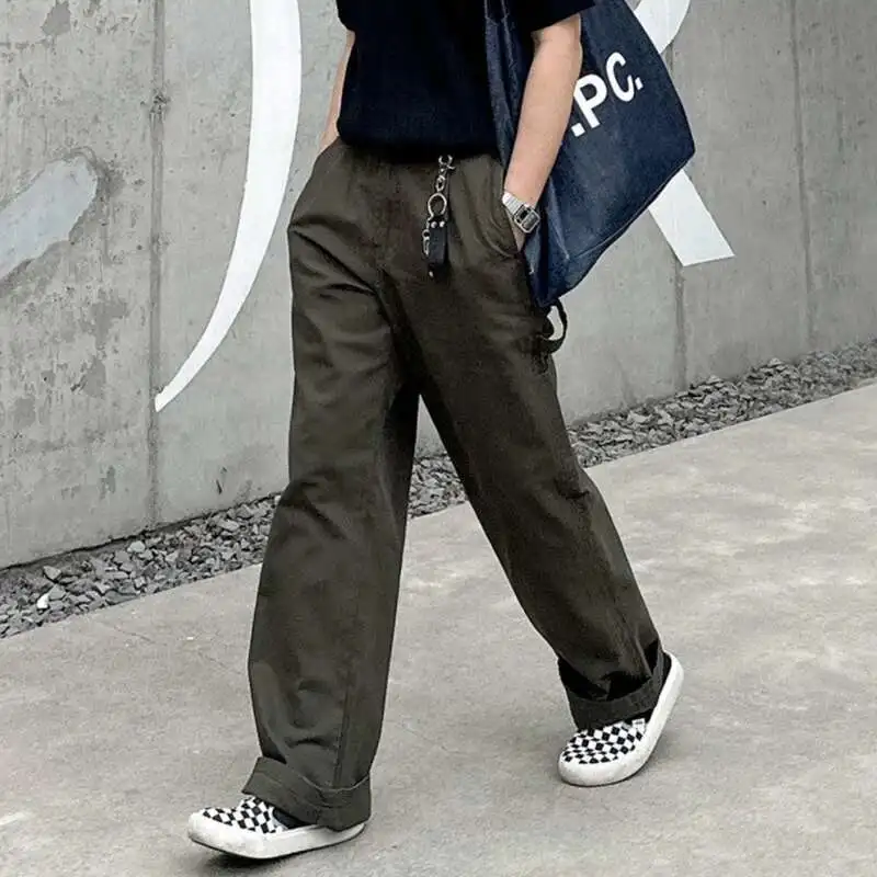 

Fashion Korean New Male Overalls Summer Loose Straight Leg Workwear Casual Pants Zipper Men Bottoms Vintage Trousers NAXD
