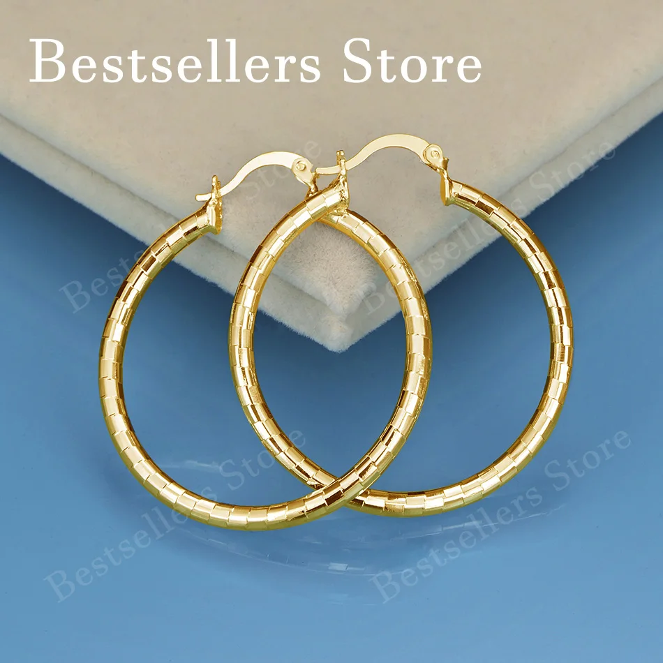18K Gold-Plated 40mm Exquisite Checkered Pattern Large Earrings – Stylish Wedding Jewelry & Gift for Women