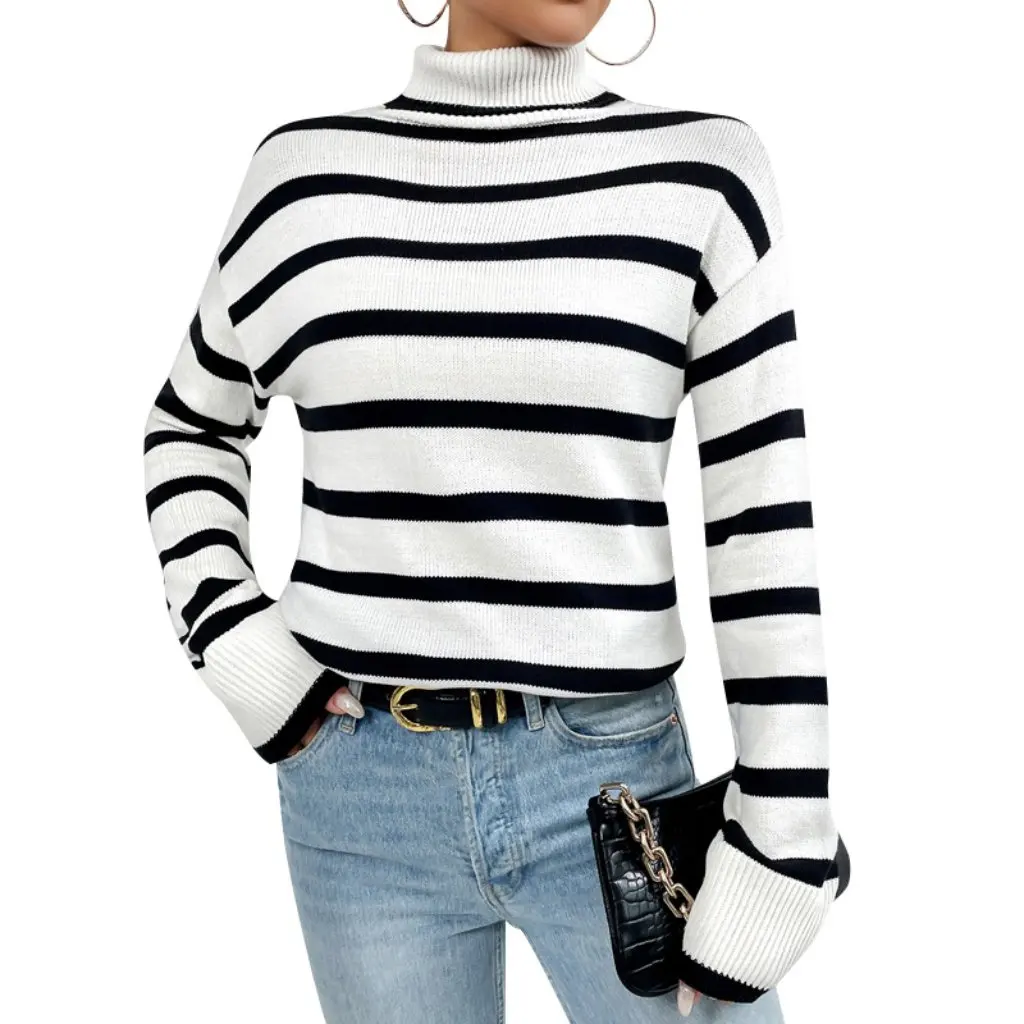 

Women's Contrast Color Striped Sweater Turtleneck Slim Fit Knitted Top European American Style for Autumn Winter
