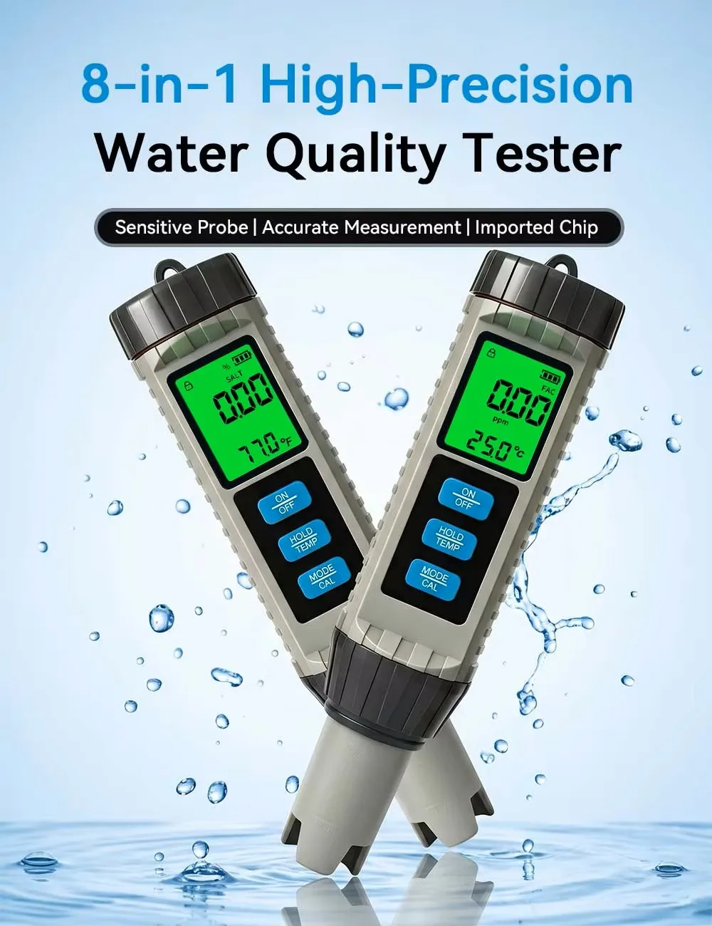 YAGO 8-in-1 Wasserqualitätstester pH TDS EC Salzgehalt ORP SG CL Temp Meter Digitaler Hintergrundbeleuchteter Pool Aquarium Wasseranalysator Detektor – Detail 1