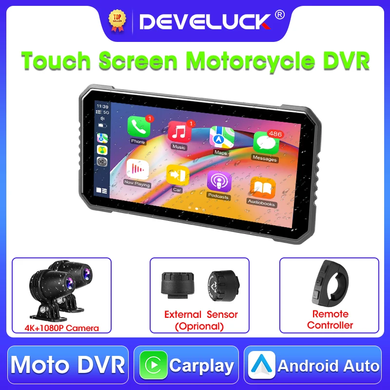 

Develuck 6.25" 4K+1080P DVR Motorcycle GPS Navigation Wireless CarPlay Android Auto Waterproof Screen Bluetooth Dual Lens Moto