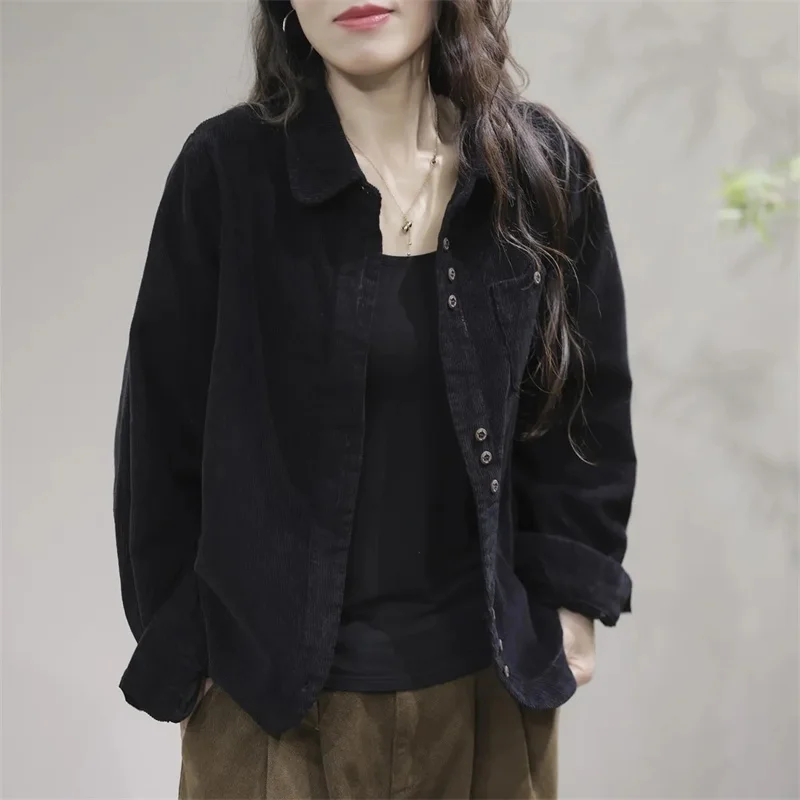 2024 Women Lapel Collar Corduroy Shirt Coat Spring And Autumn Female Long Sleeved Cardigan Blouse Jacket Korean Ladies Blaus Top