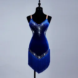 2024 New Latin Performance Dance Dress Women Sexy Outdoor Ball Party Fringe Skirt Sports Practice Wear Blue Line Suit Customized