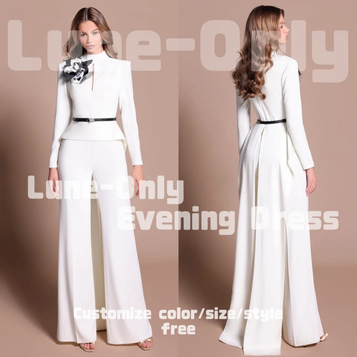 Customized White High Neck Formal Evening Dresses Prom Gown Black Floral Long Sleeves Jumpsuit Elegant Party Dresses 2026