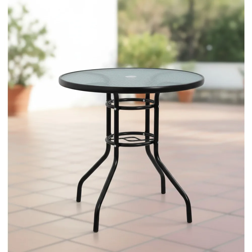 

32-дюймовый круглый обеденный стол для патио на открытом воздухе с отверстием для зонта, закаленное стекло для двора, бистро, лужайки, балкона