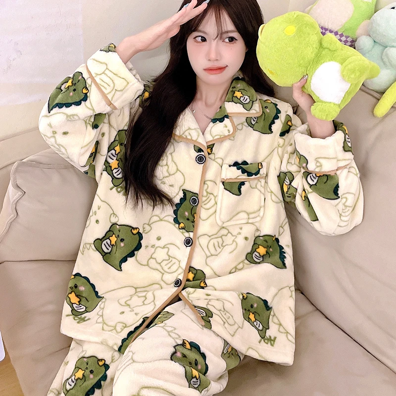 Cute Panda Women's Pajamas Set Autumn Winter Warm Sleepwear Long Sleeve Tops and Pants Pajama 2 Piece Suit Nightwear Loungewear