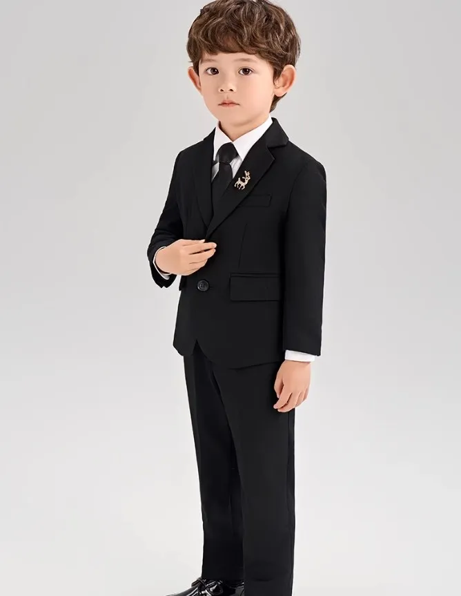 Korea Boys Black Suit For Wedding Children Jacket Vest Pants Tie 4Pcs Ceremony Tuxedo Dress Kids Photograph Performance Costume