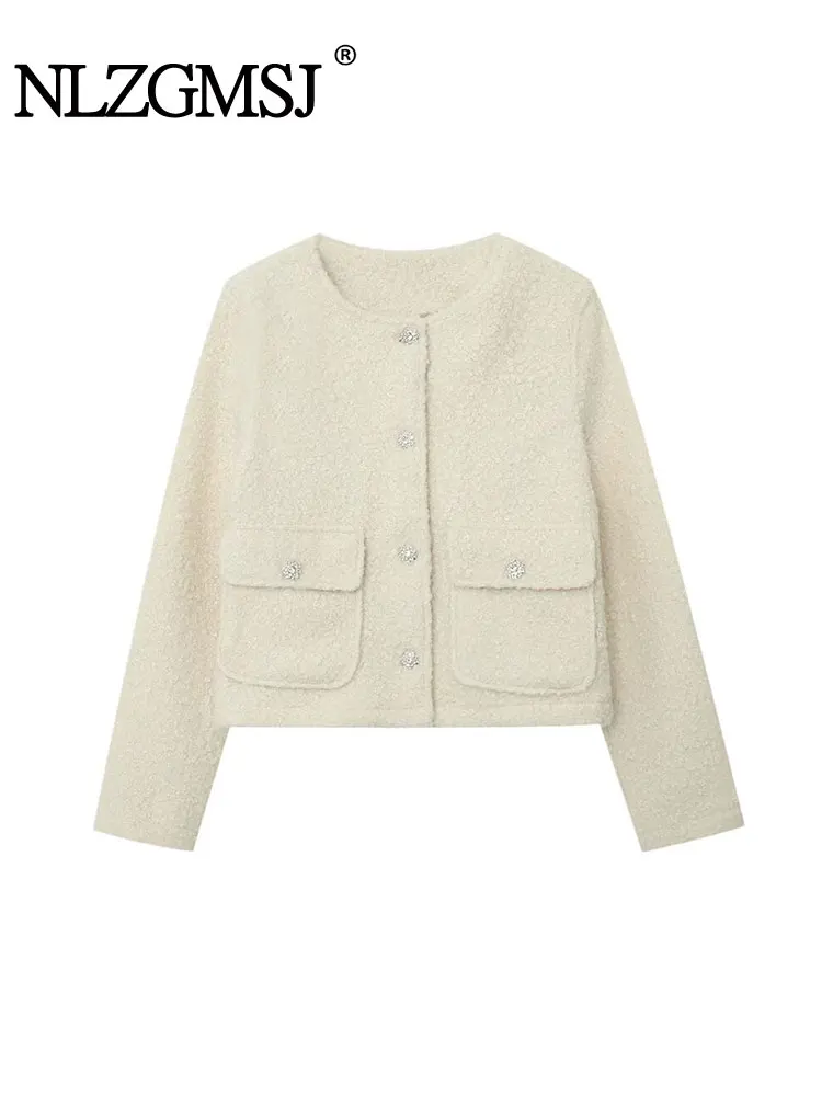 

NLZGMSJ Casual Women Jackets Solid O-Neck Fleece Patchwork Long Sleeve Warm Coat New Fashion 2025 Autumn Winter Outwear