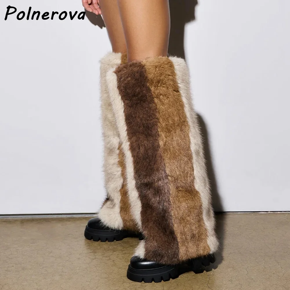 Brown Furry Knee High Boots Round Toe Thick Soled Slip On Turn Over Edges Warm Winter Boots Women's Fashion Elegant Luxury Shoes