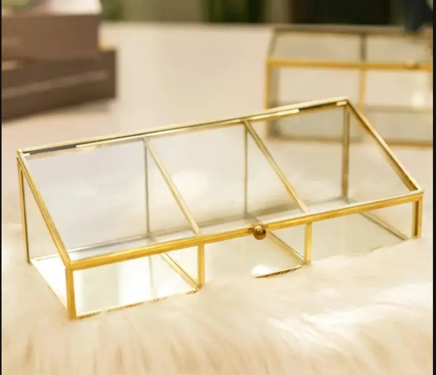 

Metal Glass Storage Box Three-Grid Jewelry Lipstick Eyeshadow Cosmetics Container Living Room Desktop Organizer