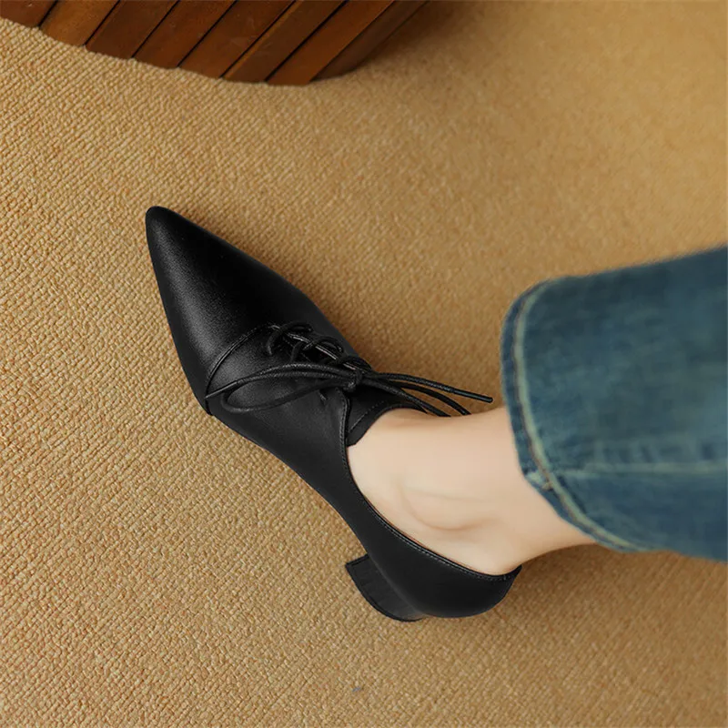 New Spring Split Leather Women Shoes Pointed Toe Women Pumps Chunky Heels Loafers Shoes for Women French Retro Lace Casual Shoes