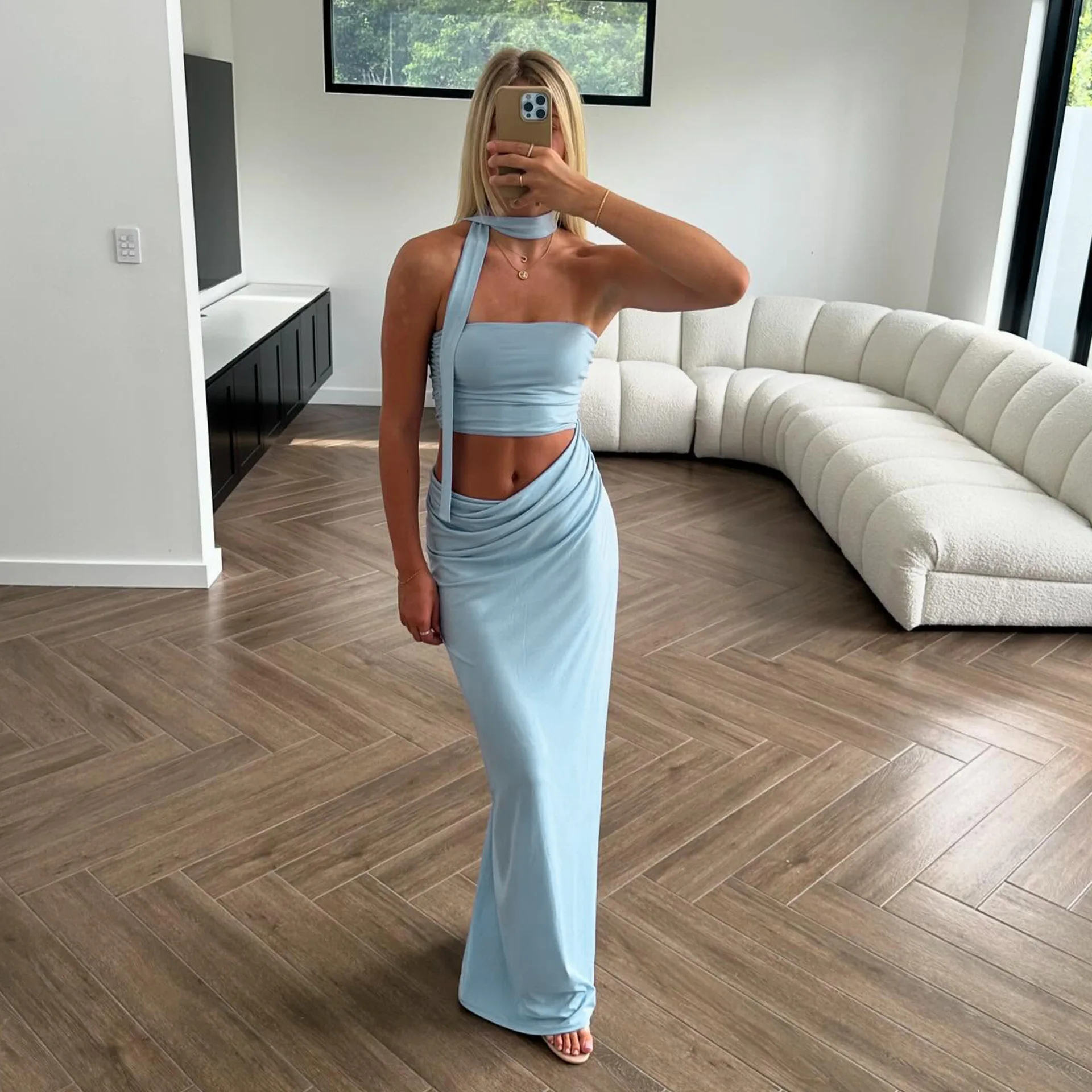 Blue Strapless Summer Dress for Women Fashion Waist Cut Out Slim Maxi Tube Dresses Sexy Backless Holiday Beach Party Dress 2025