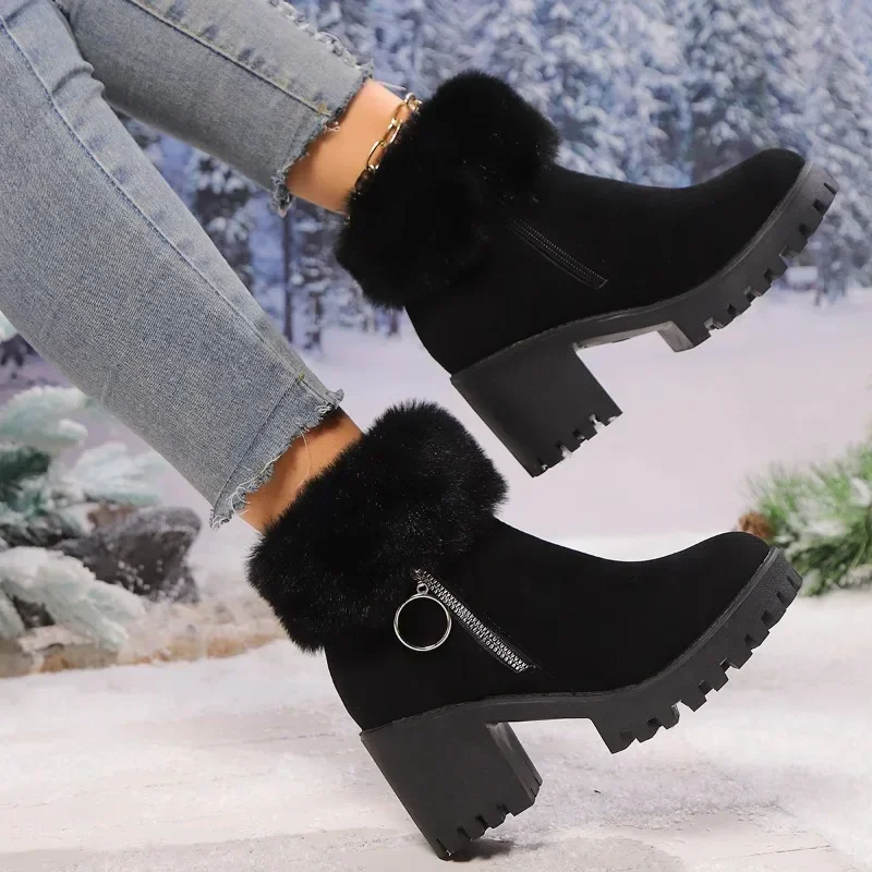 Shoes for Women 2024 Plush Warm Square Heel Women's Boots Fashion Turned-over Edge Casual Boots Women Winter Zipper Ankle Boots