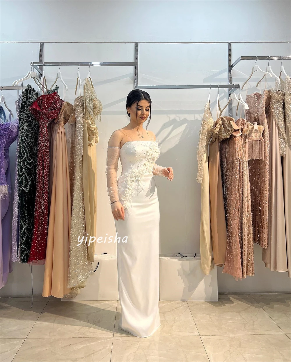 Prom Dress Evening Saudi Arabia Jersey Pleat Flower Pearl Wedding Party A-line Strapless Bespoke Occasion Gown Long Dresses