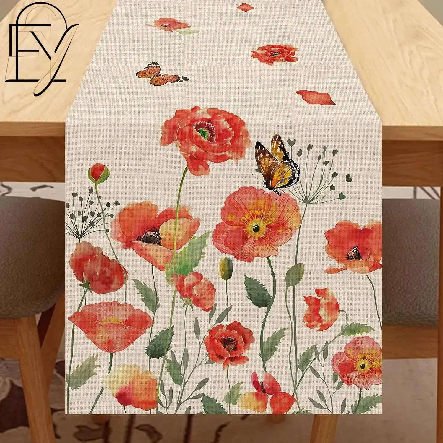 Poppy Table Runner Red Floral Butterfly Linen Tablecloth Watercolor Flower Field Summer Kitchen Dining Room Decor Scarf