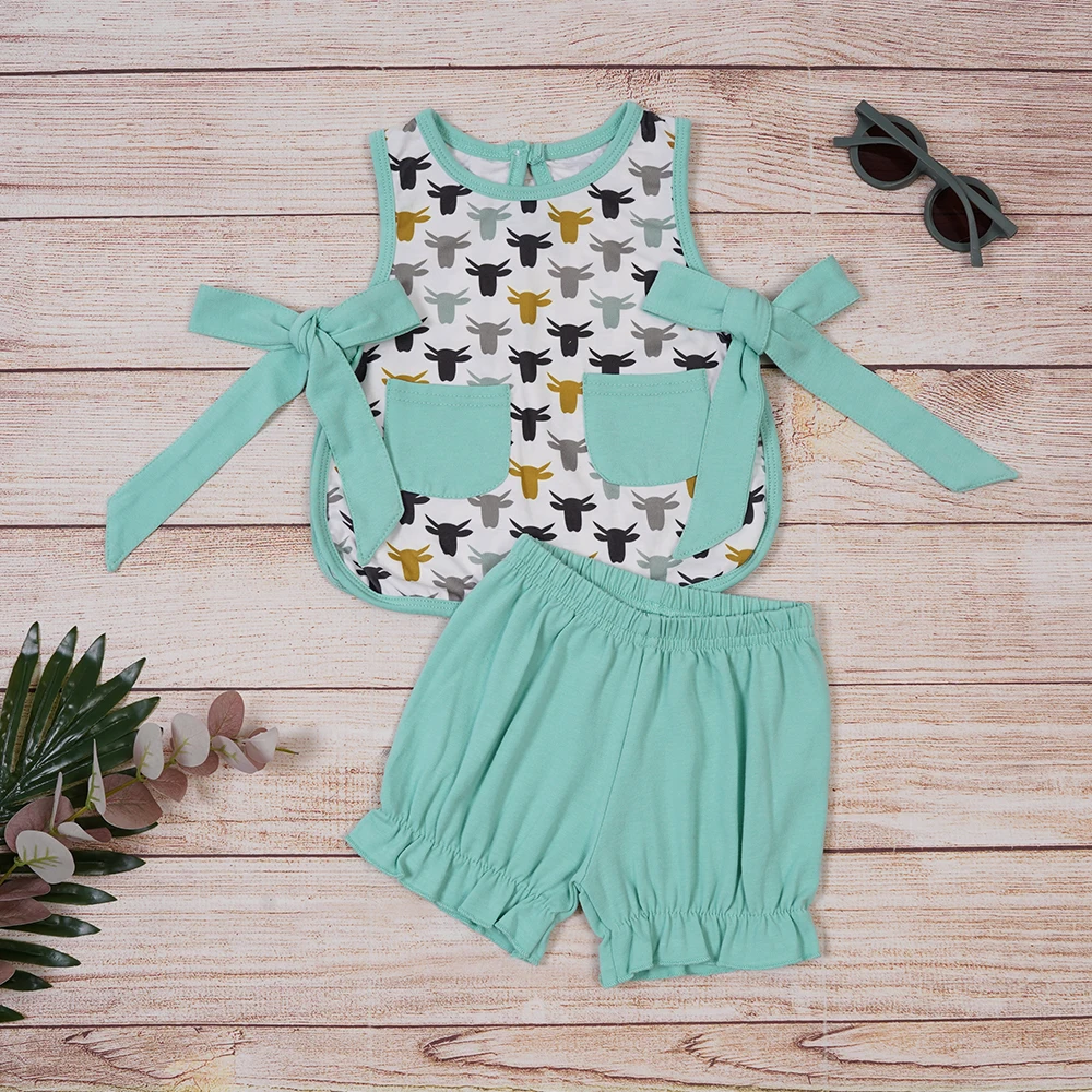 

1-8T Baby GirlS Clothes Bull Head Printing Children Outfits Cotton Green Ruffles Kids Set Toddler Bows Suit