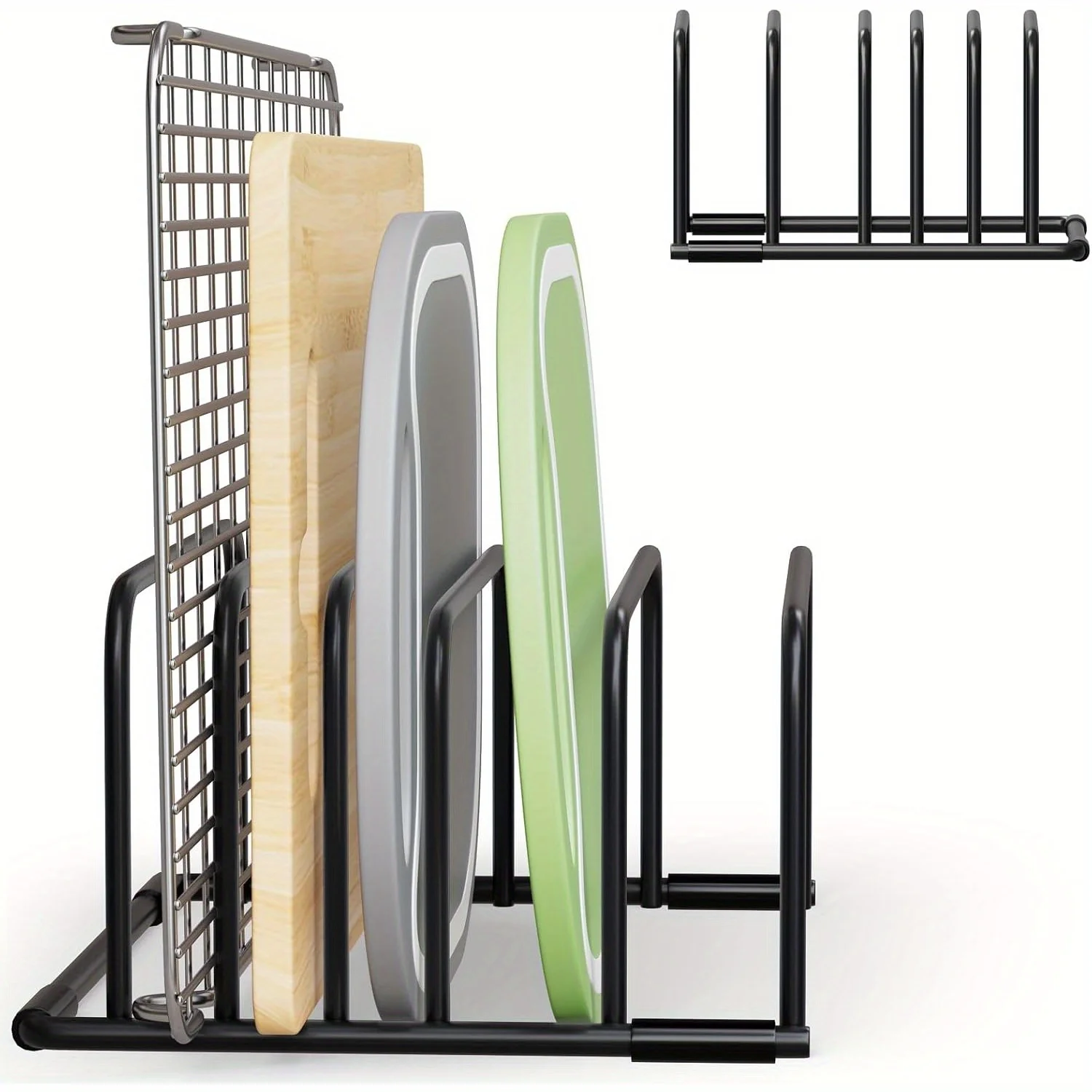 Rack de cozinha de ferro multifuncional, economizador de espaço, rack de cozinha para tábuas de corte e armazenamento de panelas de cozimento com cesta de malha de arame