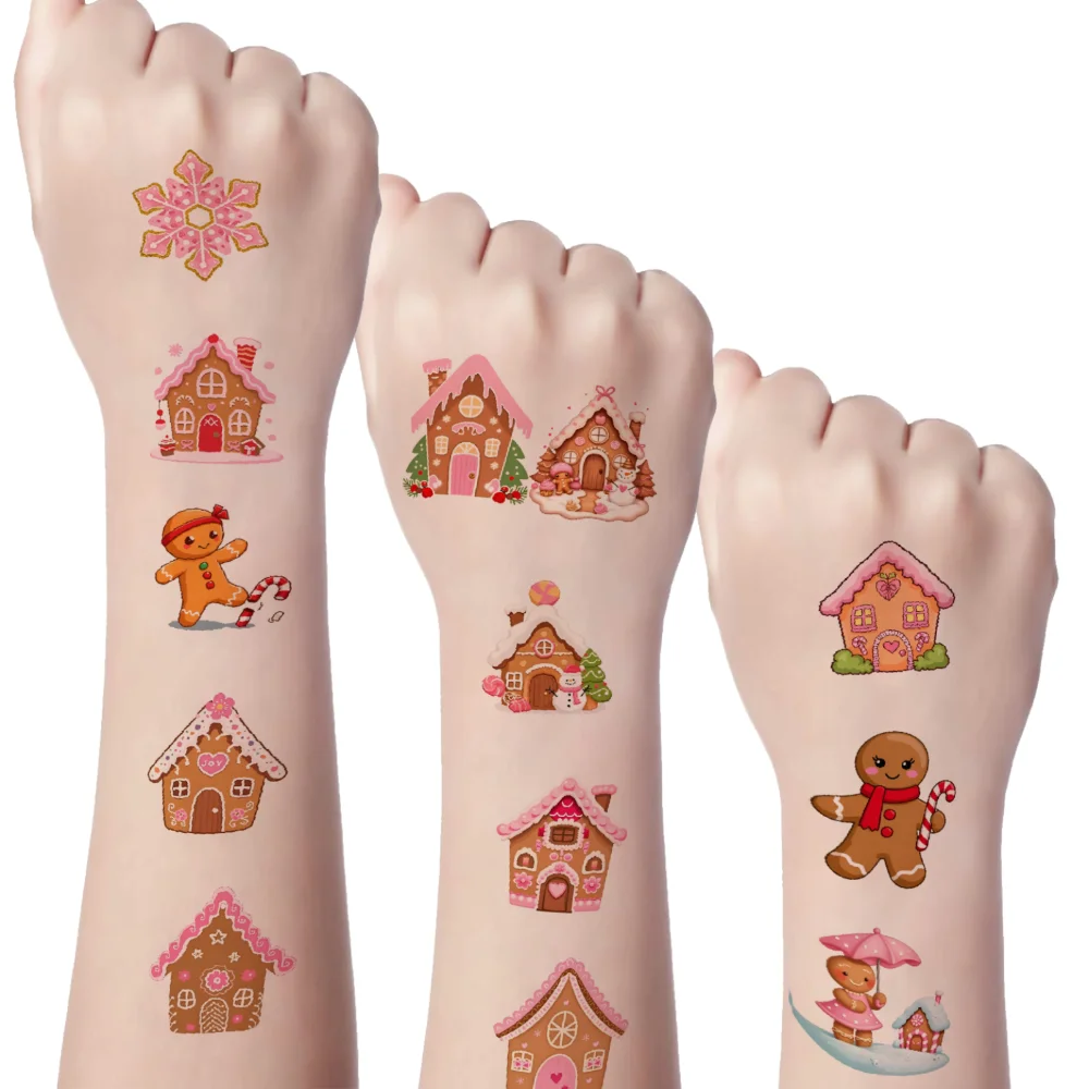 

54pcs Temporary Tattoo Gingerbread Man Waterproof Long-lasting Body Stickers Gingerbread Character Gingerbread House Cartoon
