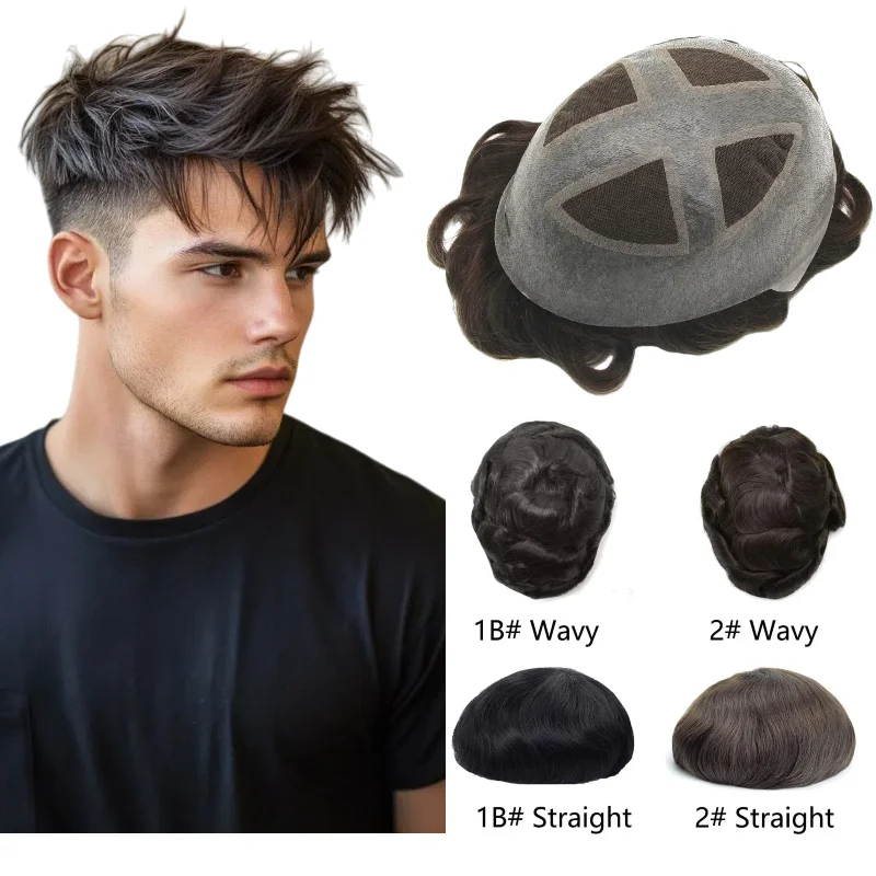 

Men's Toupee Cross Over PU Base | Lace In The Middle Cross PU Base Perimeter Human Hair, Easy DIY Installation Hair System Wig