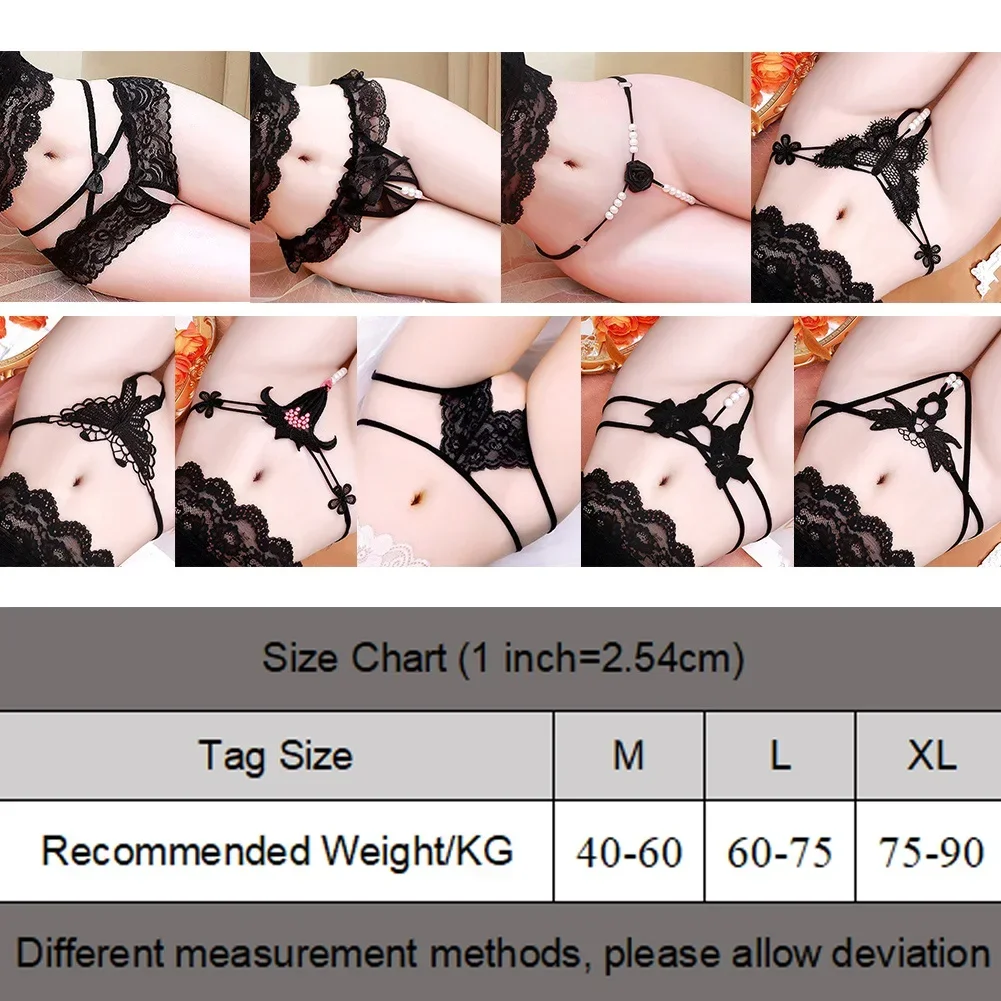 Women Lace Panties G-string Sexy Underwear Open Crotch Pearly Thong Briefs Hollow Front Hole Erotic Lingerie Nightwear Underpant