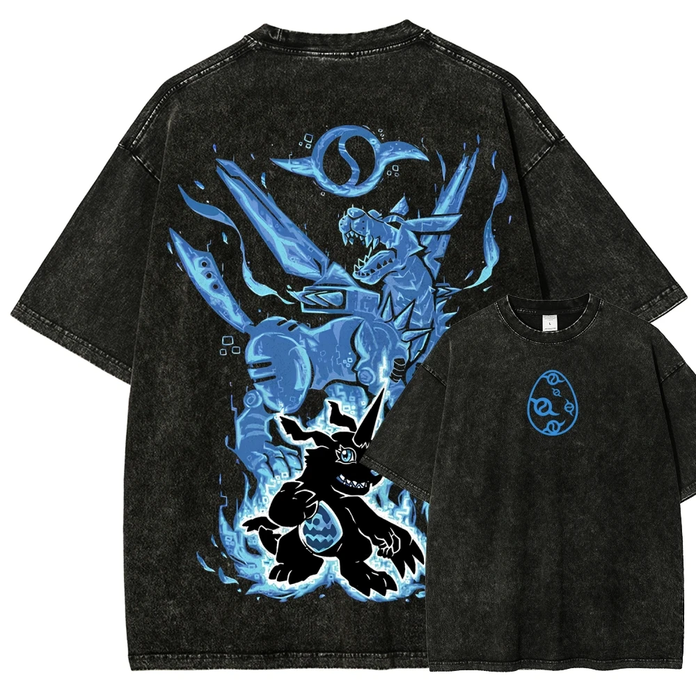 

Летняя винтажная футболка с эффектом потертости для мужчин, с принтом «Ангельский воин» и «Синий волк-зверь», из плотного хлопка, в стиле ретро-аниме, уличная одежда, топ