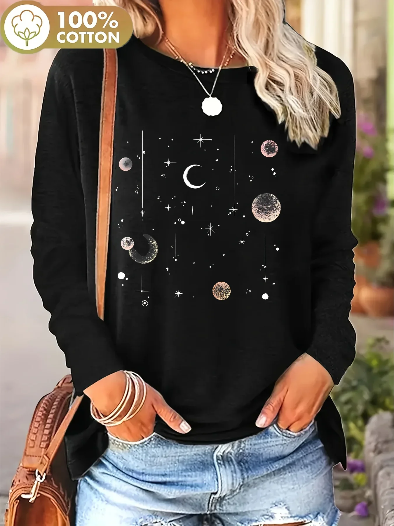 Harajuku Casual Cotton Long Sleeve T-Shirt Moon & Stars Print Round Neck Top for Streetwear Style Oversized T Shirt Aesthetic