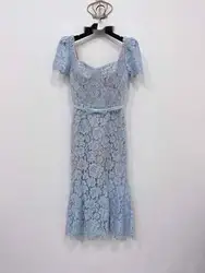 Elegant Blue Lace Evening Dresses Women Summer Holiday Embroidery Hollow Out Belt Short Sleeve Prom Party Fishtail Long Dress