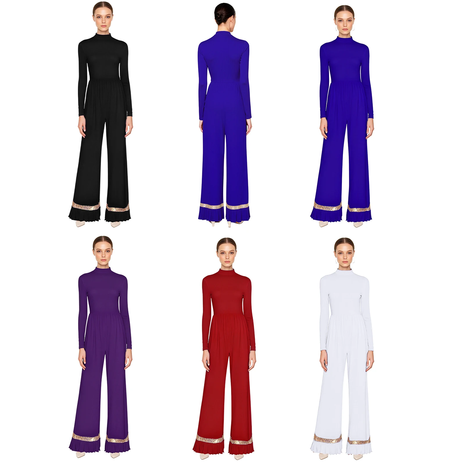 Pagliaccetti da chiesa per lode da donna, tuta intera con maniche lunghe e paillettes per abbigliamento da ballo per spettacoli di coro della chiesa