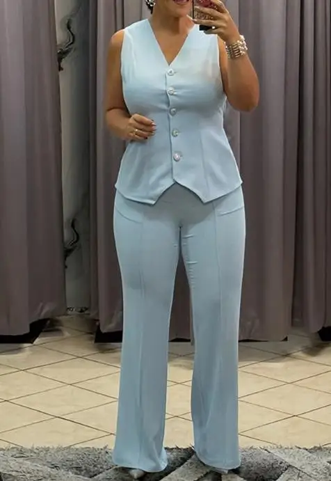 2025 الخامس الرقبة زر الجبهة غير المتكافئة مطوي تصميم دعوى سترة و عالية الخصر مستقيم الساق السراويل مجموعة لبدلة نسائية أنيقة #4