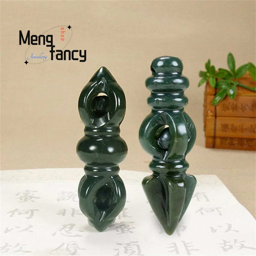 

Natural Hetian Green Jade Vajra Pestle Pendant Engraver Charms Fashion Jewelry Women Men Necklace Amulet Mascots Holiday Gifts