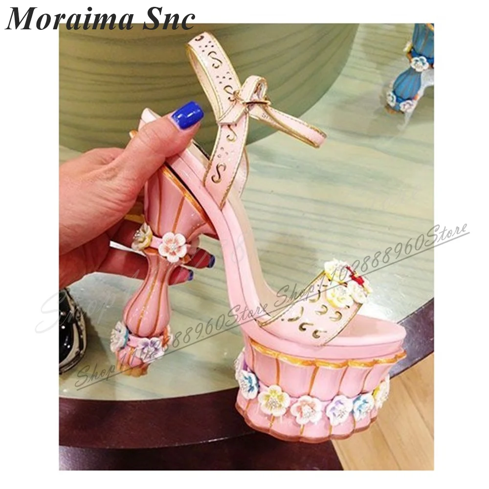 

Stylish Pink Flower Platform Catwalk Sandals Strange Style Heel Women Shoes Lace Up Open Toe 2025 Fashion Zapatos Para Mujere