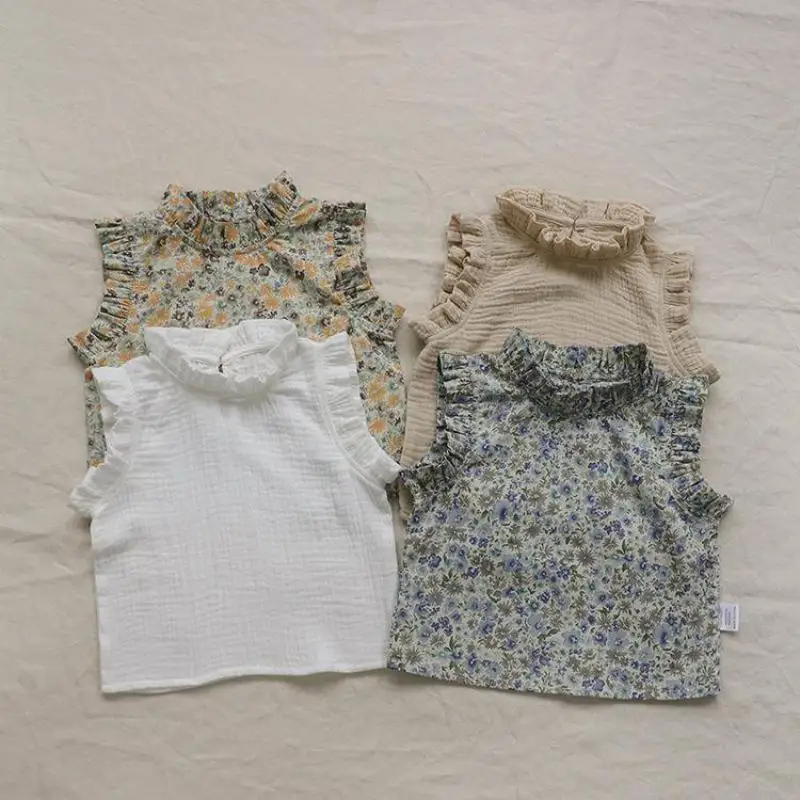 2026 Summer New Baby Girl Sleeveless T Shirts Cute Girls Sweet Floral Tops Cotton Infant Lace Collar Vest Toddler Clothes