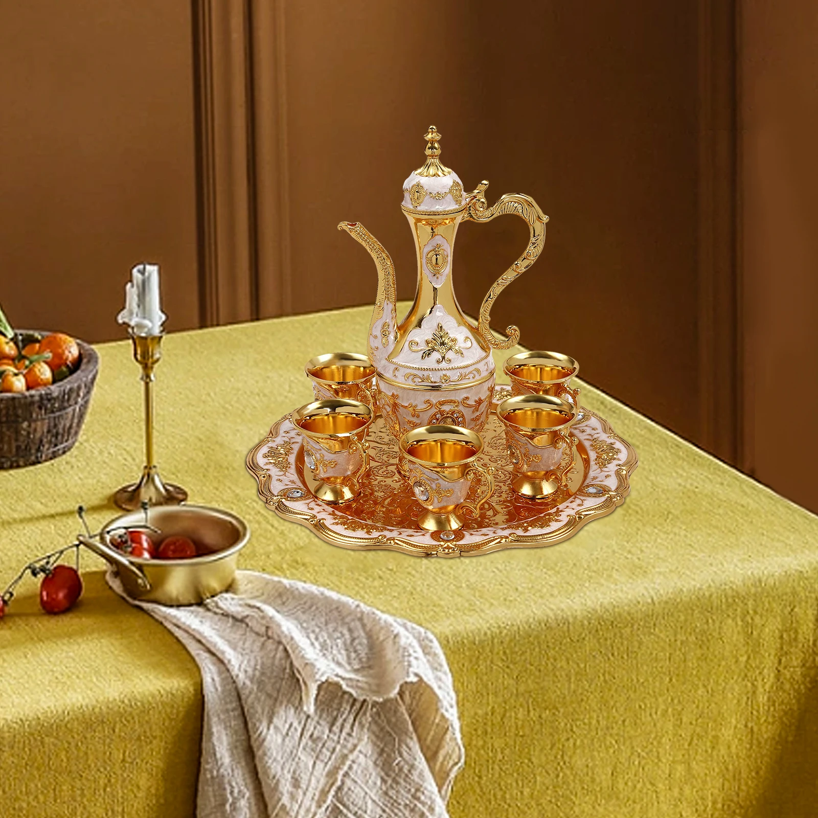 

Golden Turkish Tea Set, Vintage Turkish Coffee Set with Pot and 6 Cups for Home Decor Birthday Christmas Housewarming Wedding