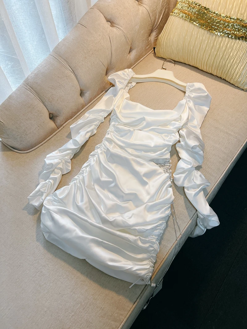 Witte uitgeholde tailleketting Diamond Thai Sexy Beach Vaion Dr Dames hoge taille ort Sve Zacht satijn A-lijn Dr