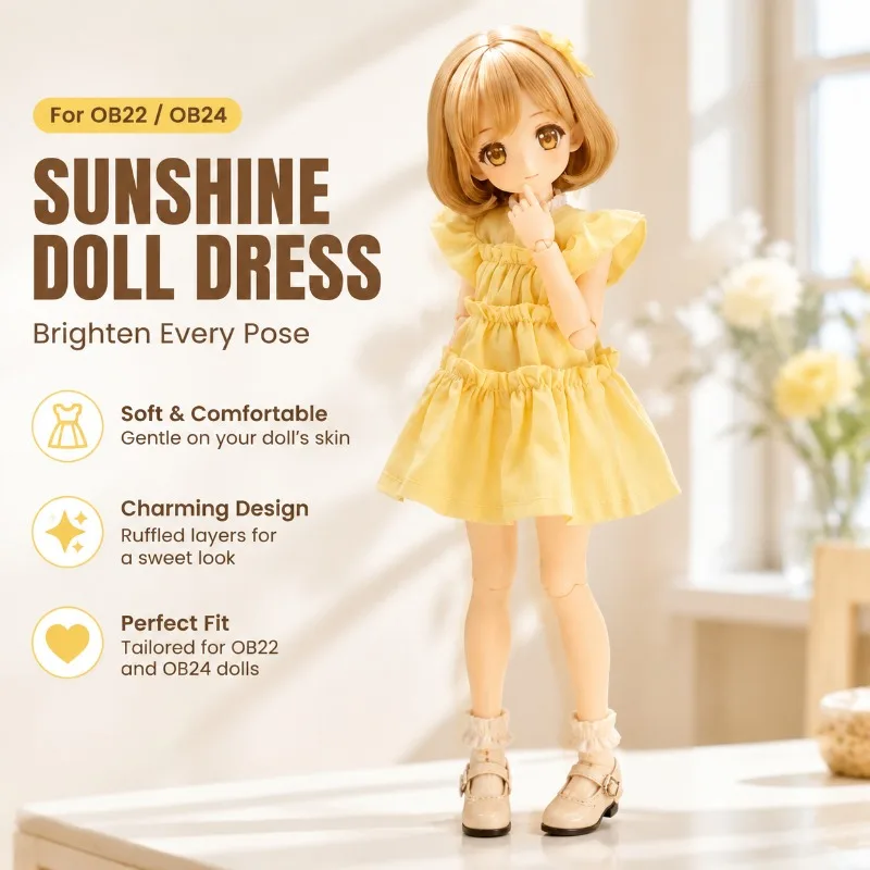 Yellow Flutter‑sleeve Doll Dress Fit for 1/6 BJD Azone 3rd‑gen M‑body Blythe OB22 OB24 Elegant Doll‑garment Accessory Supporting