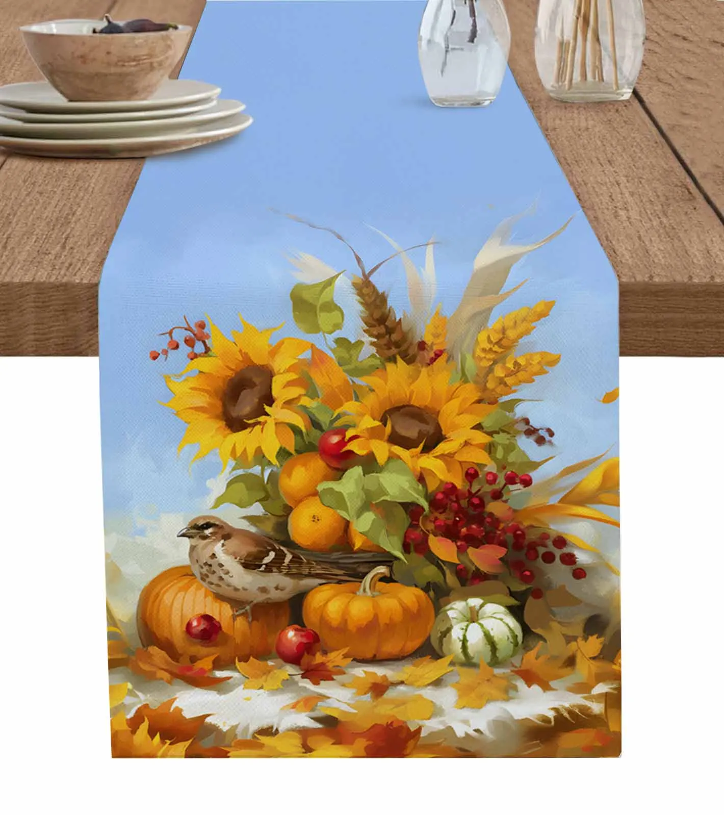 Autumn Pumpkin Sunflower Oil Painting Table Runners Table Decor Holiday Wedding Party Dining Table Decor Tablecloth