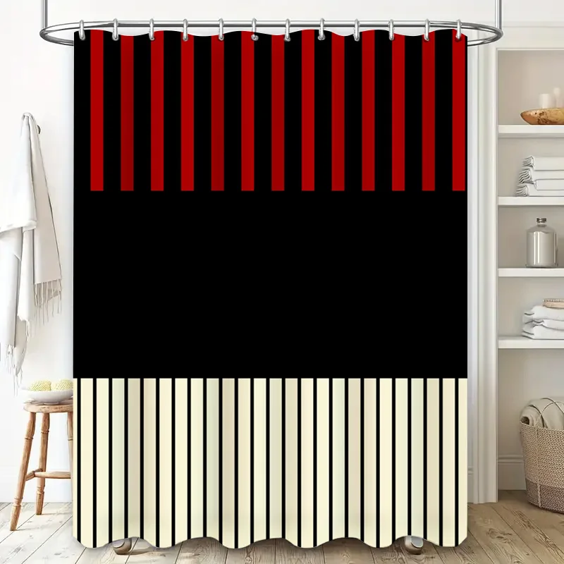 Elegant Bath Shower Curtain with Striped Design Black Red Color Block Pattern, Polyester Fabric for Bathroom Decorations (White)