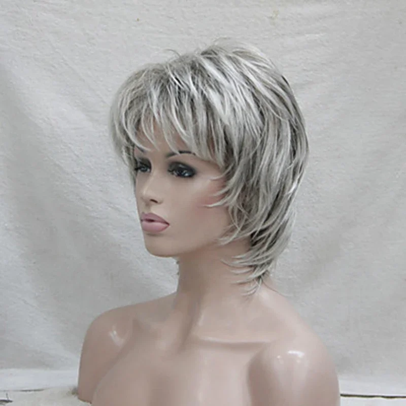 Synthetic Hair Wig Curly  Pixie Cut  Layered Haircut  With Bangs  Highlighted  Balayage  Gray Wig